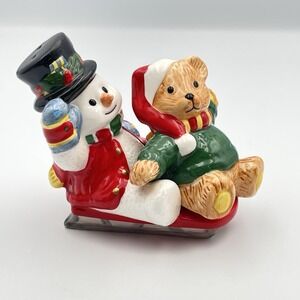 Vintage 1998 FIGI Graphics Sledding Snowman Teddy Bear Figurine Christmas‎